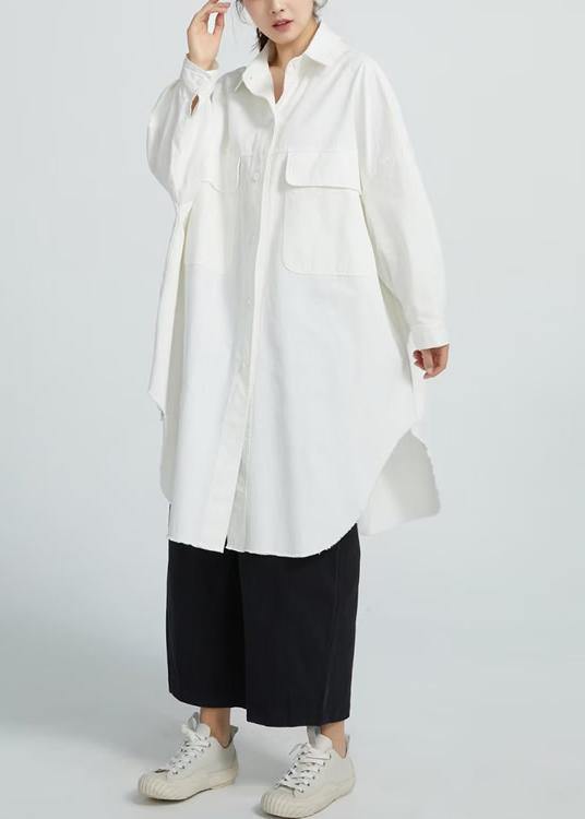 Natural White Cotton Clothes Big Pockets Shift Shirt Dress
