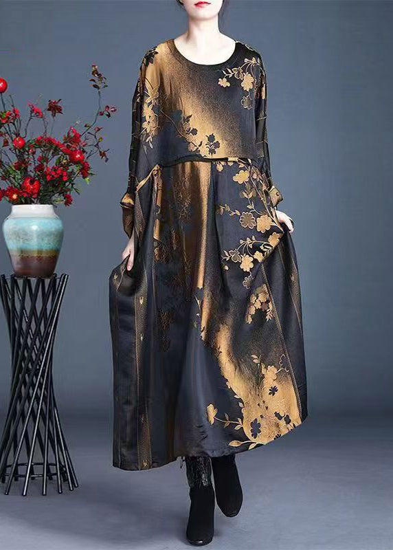 Jacquard Red O-neck Pockets Print Silk Maxi Dress Spring
