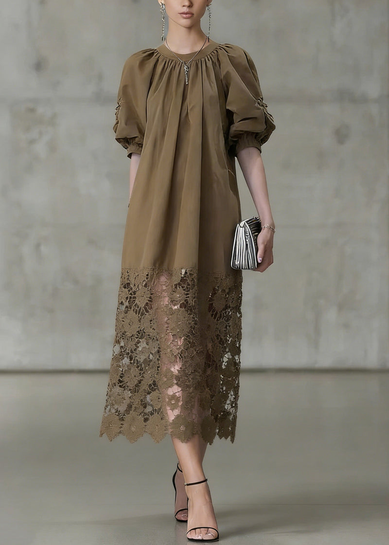 Light Coffee Puff Sleeve Lace Patchwork Cotton Long Dress Summer