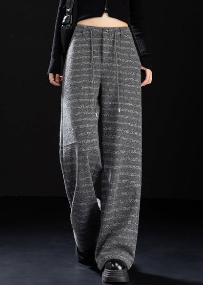 Grey Pockets Striped Woolen Wide Leg Pants Spring