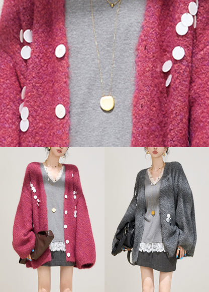 Stylish Purple V Neck Cotton Knit Cardigan Lantern Sleeve