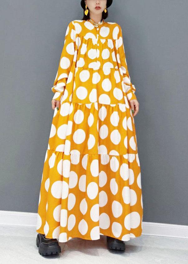 Yellow Button Print Fall Long Sleeve Holiday Dress