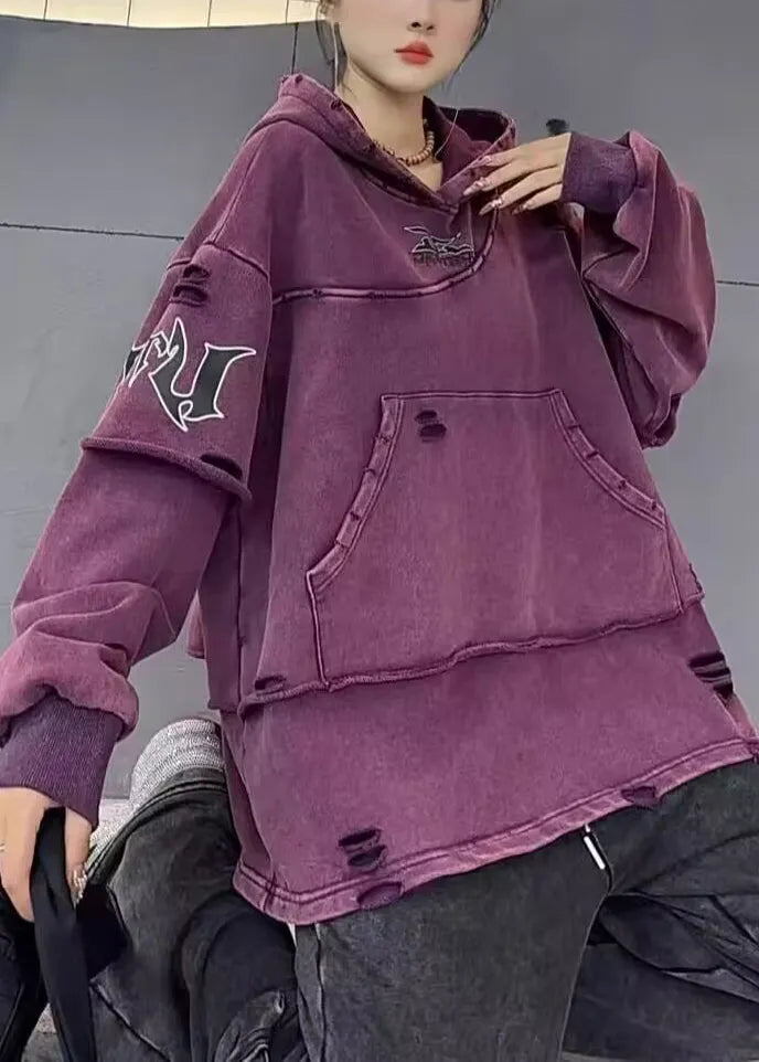 Purple Hooded Hole Pockets Cotton Sweatshirts Fall