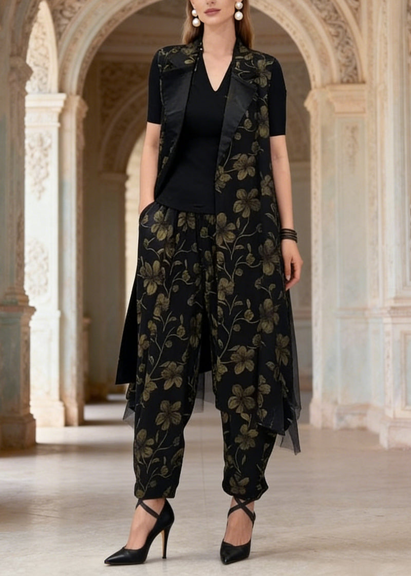 New Black Vest and Pants Jacquard Silk Two Pieces Set Summer