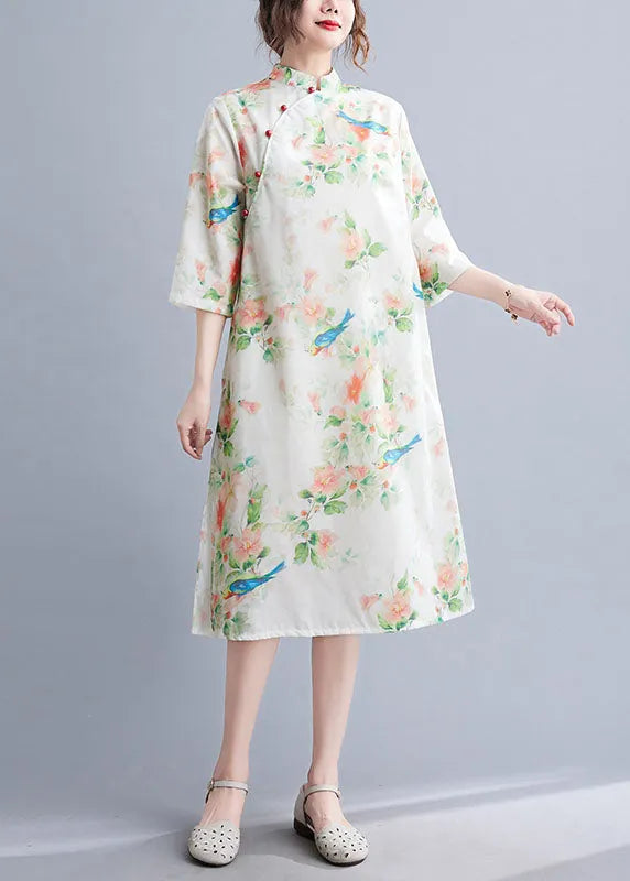 O Neck Half Sleeve Top Sewing Green Bird Print Shirt