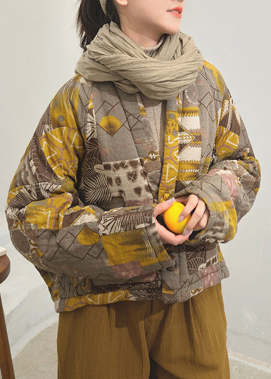 Yellow Print Pockets Patchwork Fine Cotton Filled Jackets Batwing Sleeve