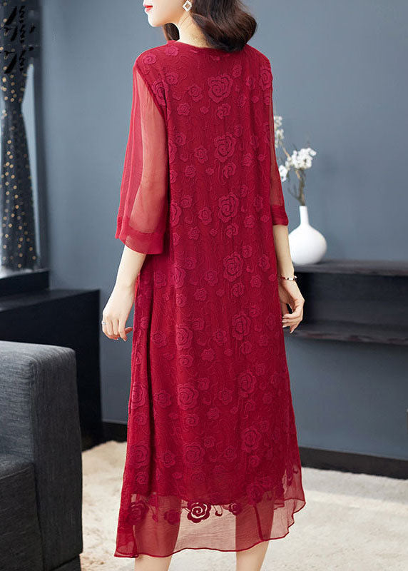 Red O-neck Embroideried Silk Dresses Long Sleeve