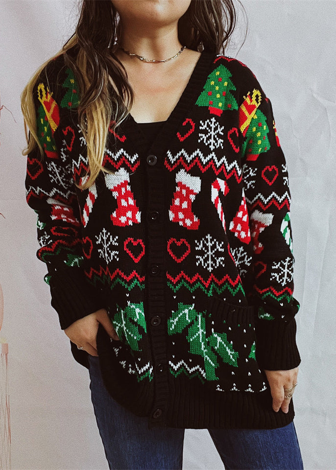 Black V Neck Jacquard Knit Cardigan Fall