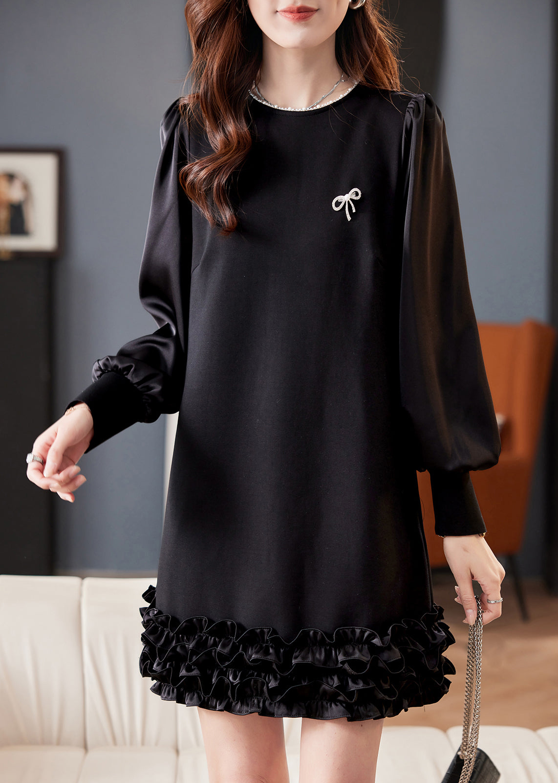 Black O Neck Pearl Ruffled Cotton Mid Dress Fall
