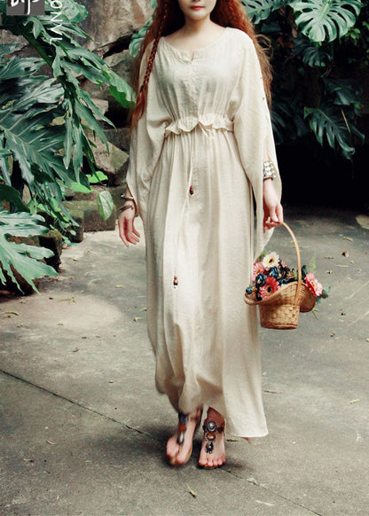 Italian Beige O-neck Tie Waist Silk Cinched Dress Spring