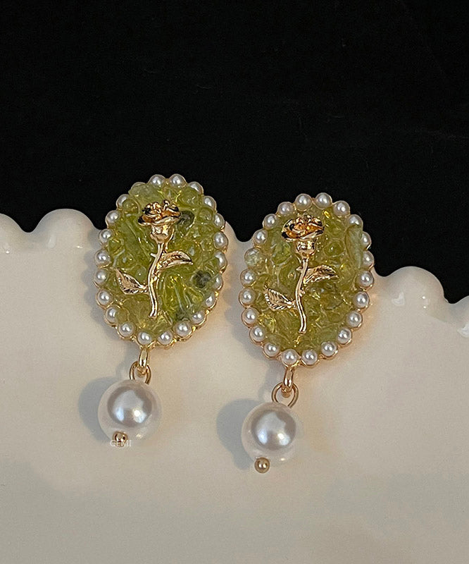 Green Sterling Silver Rose Pearl Drop Earrings