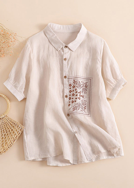 Orange Peter Pan Collar Print Button Linen Shirts Short Sleeve