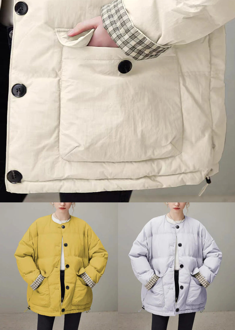 Apricot Plaid Drawstring Pockets Duck Down Down Coat