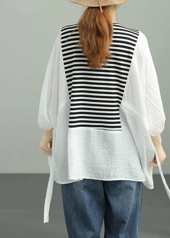 Diy White Patchwork Striped Tie Waist Cotton Summer Top
