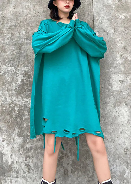 Simple Blue O-neck Loose Hole Fall Sweatshirt Street Wear
