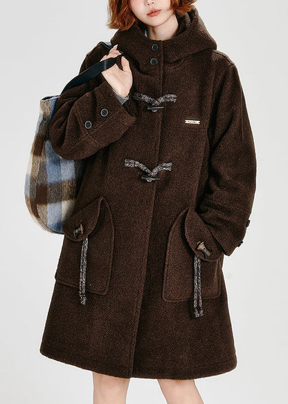 Coffee Pockets Button Woolen Hoodie Coat Winter