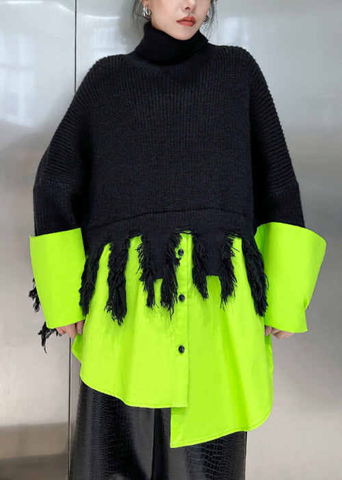 Black Turtleneck Asymmetrical Patchwork Knit Sweater Spring