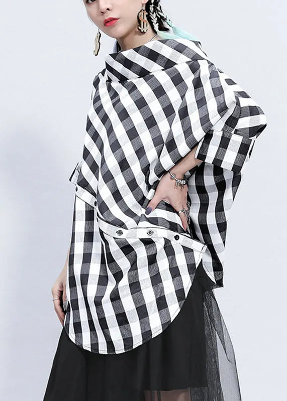 Plaid Stand Collar Asymmetrical Patchwork Button Linen Tops Batwing Sleeve