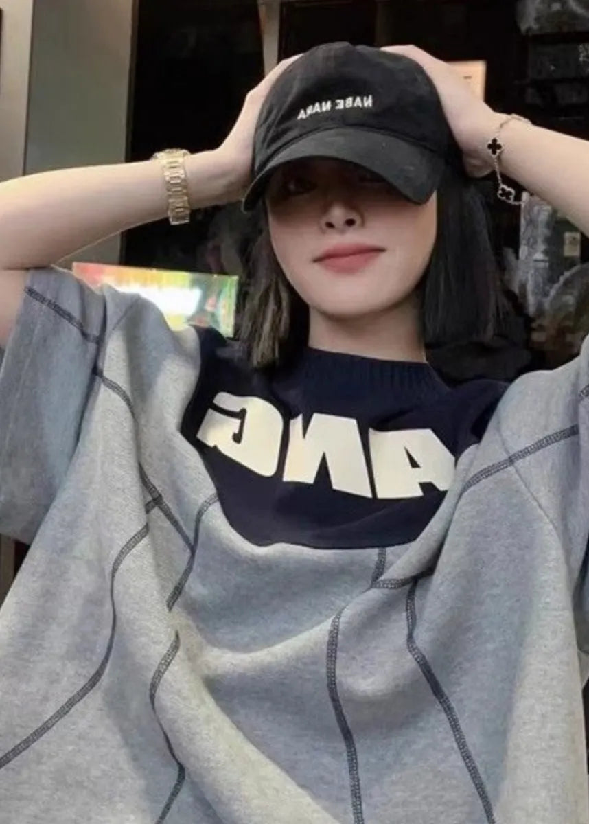 Grey O Neck Graphic Patchwork Cotton T Shirts Summer
