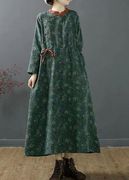 Green Stand Collar Print Patchwork Cotton Dress Fall