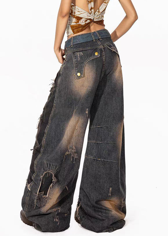 Denim Blue Pockets High Waist Ripped Jeans Fall