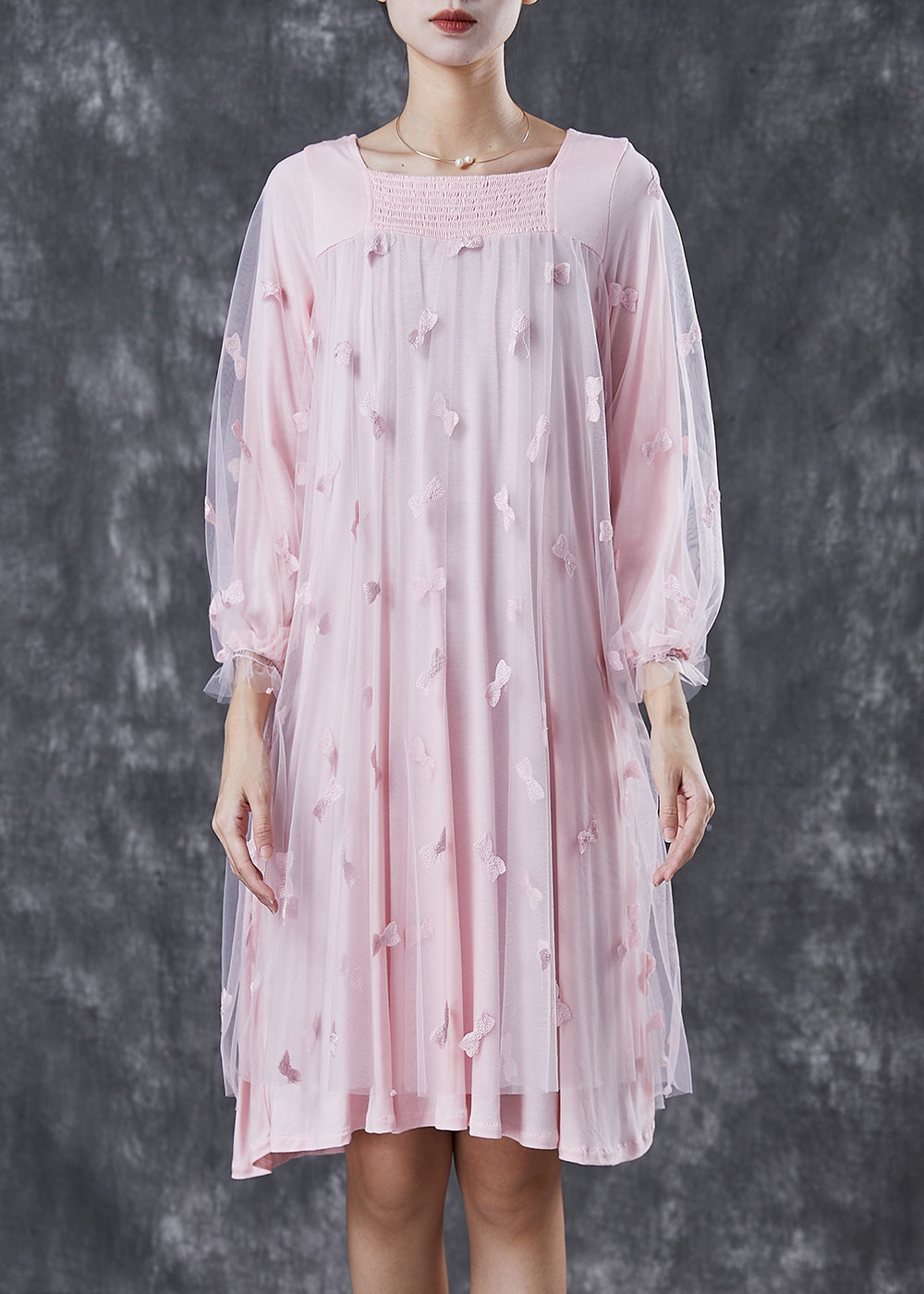Pink Bow Square Collar Tulle Maxi Dresses Spring