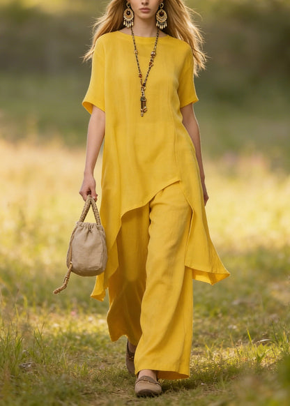 Yellow Asymmetrical Cotton Sets 2 Pieces Summer
