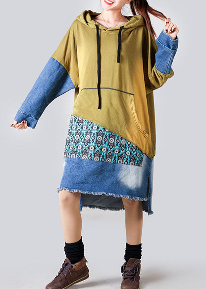 Purple Hooded Denim Patchwork Cotton Dress Spring