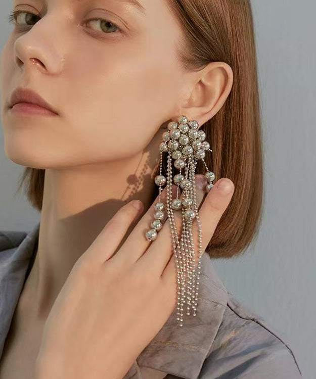 Silver Needle Single Piece Tassel Metal Ball Earrings