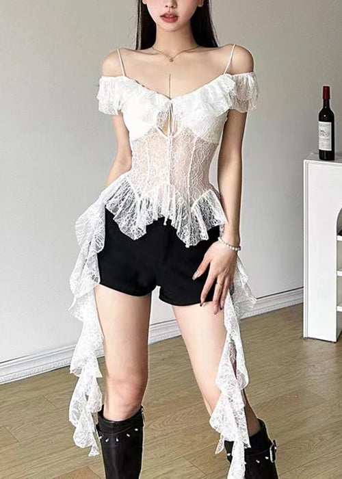 White Lace Up Hollow Out Lace Spaghetti Strap Tank Summer