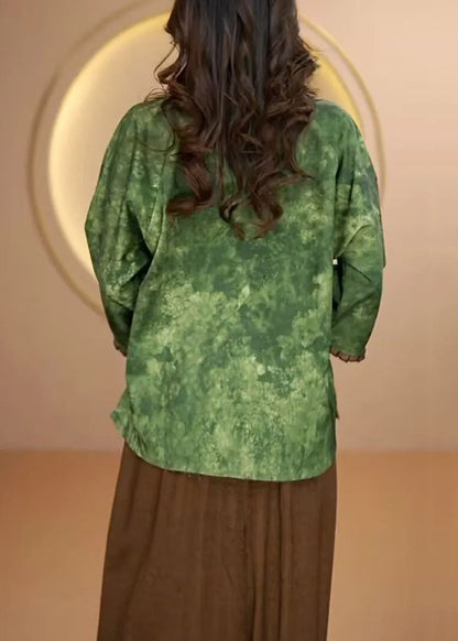 Green O Neck Ruffled Patchwork Silk Shirt Bracelet Sleeve