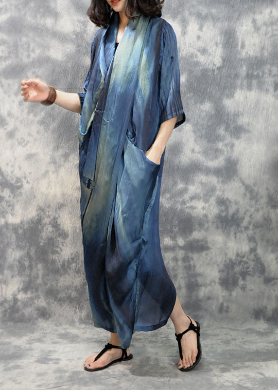 Blue Retro Asymmetrical Design Pockets Fall Maxi Dresses Half Sleeve