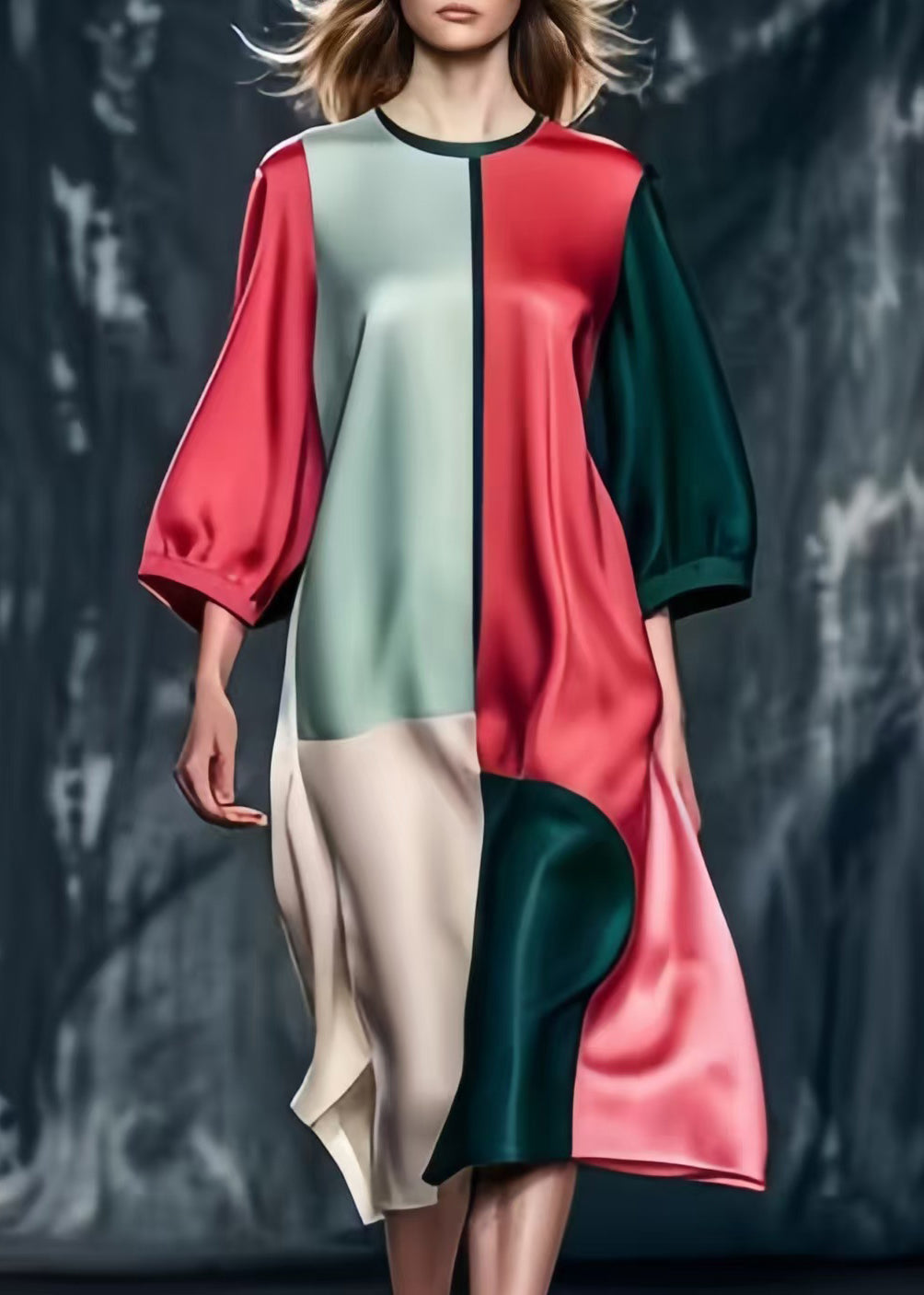 Mulberry Patchwork Silk Dresses Asymmetrical Bracelet Sleeve Spring