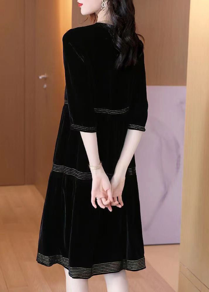 Black O-neck Patchwork Silk Velour Dresses Half Sleeve Fall