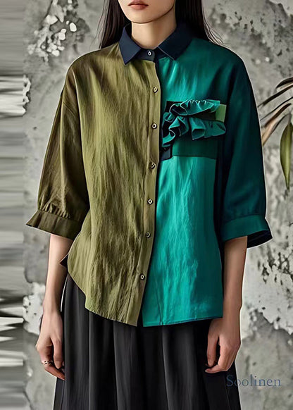 Colorblock Asymmetrical Ruffled Linen Shirt Half Sleeve