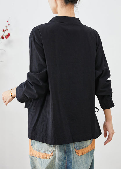 Black Lace Up Chinese Button Cotton Blouse Top Fall