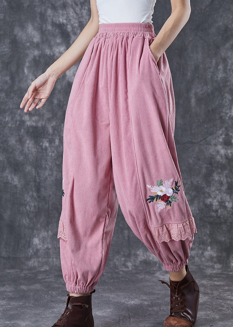 Pink Patchwork Corduroy Harem Pants Embroideried Fall