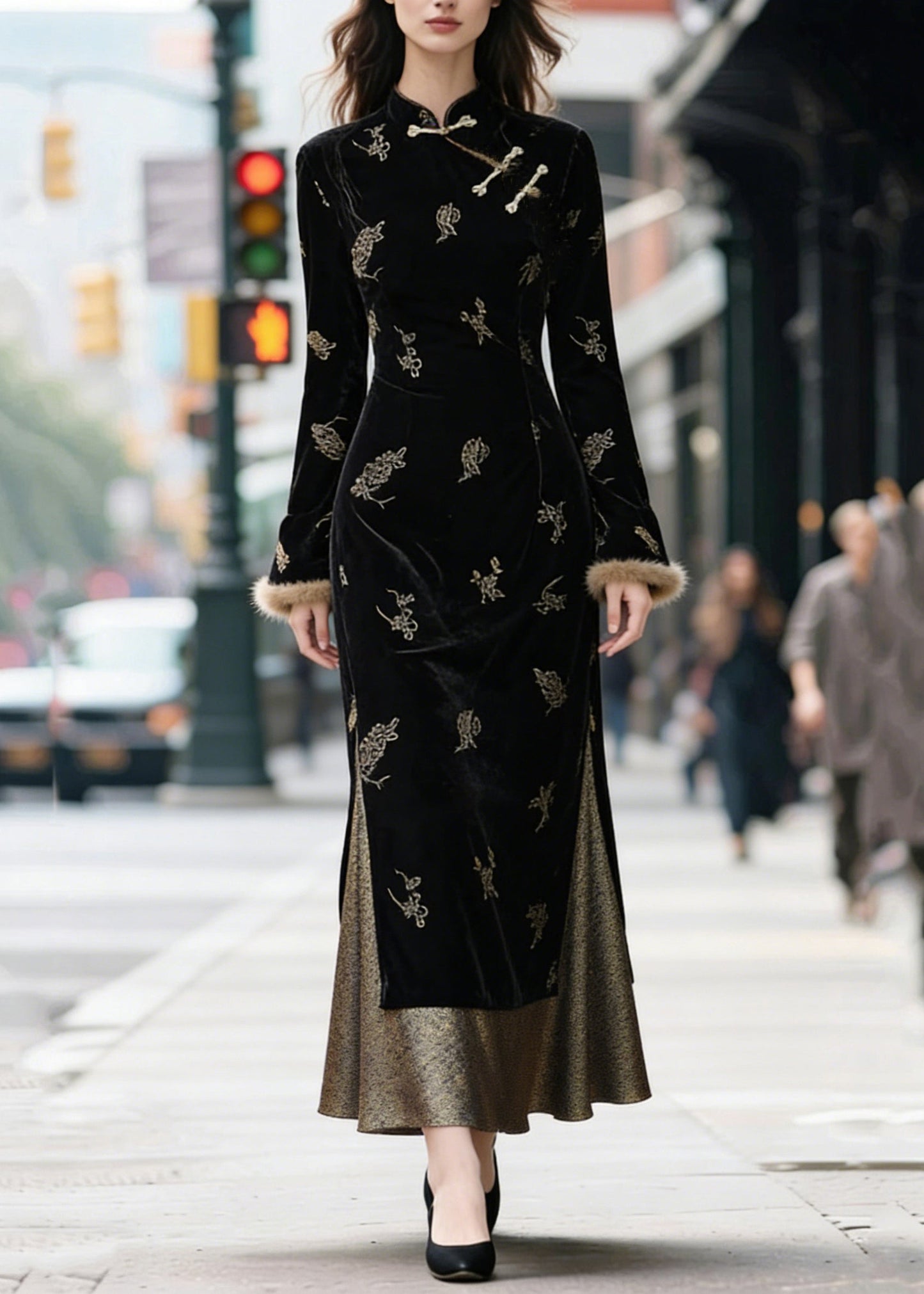 Black Chinese Button Side Open Patchwork Silk Velvet Long Dresses Stand Collar