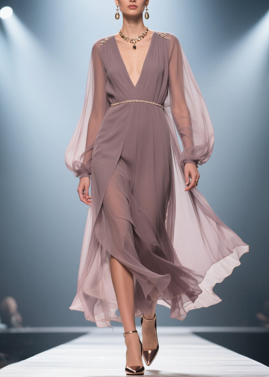 Stylish Soft Misty Purple Gray V Neck Wrinkled High Waist Chiffon Long Dresses Summer