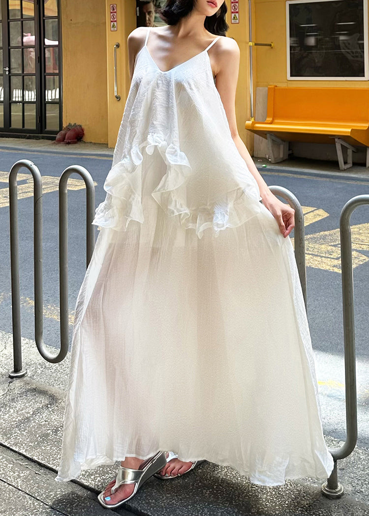 White Ruffled Patchwork Cotton Spaghetti Strap Dress Summer