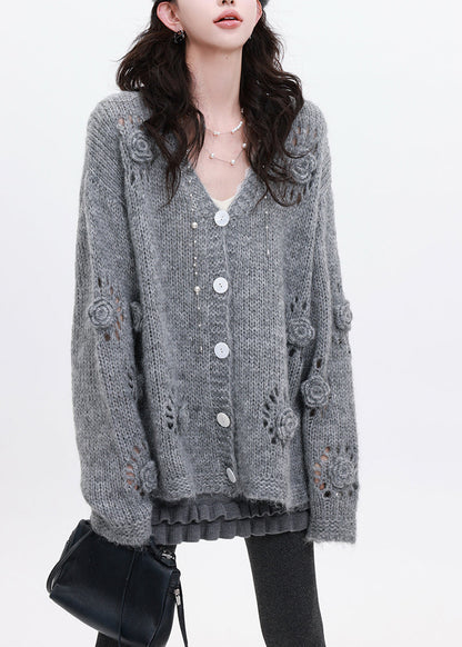 Grey Stereoscopic Knit Loose Coat Oversized Winter
