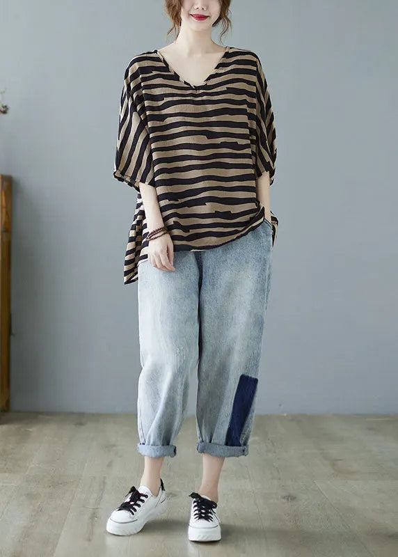 Khaki V Neck Bat Wing Sleeve Striped Print Fall Blouses