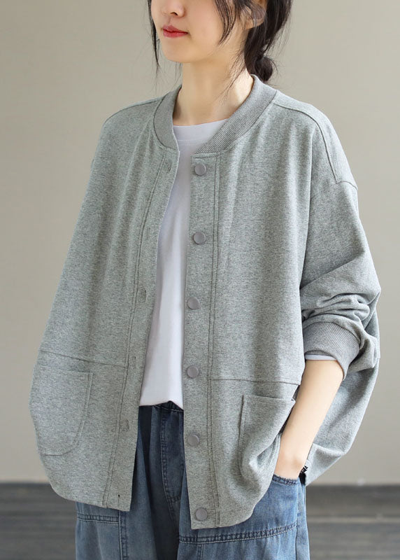 Brief Grey O-neck Button Cotton Coat Long Sleeve