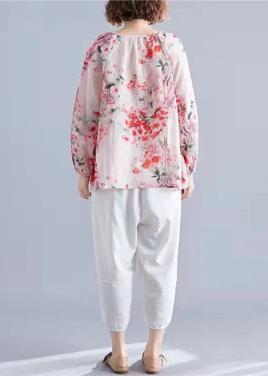 Blue V Neck Print Tops Lantern Sleeve