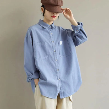 Organic Blue Smiling Face Top Lapel Button Down Midi Spring Shirts