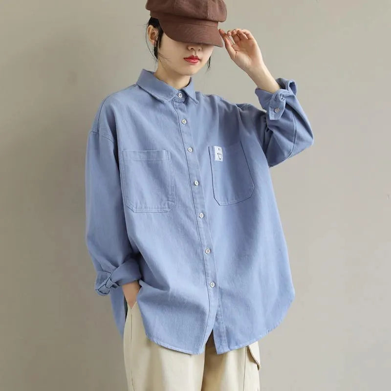 Organic Blue Smiling Face Top Lapel Button Down Midi Spring Shirts
