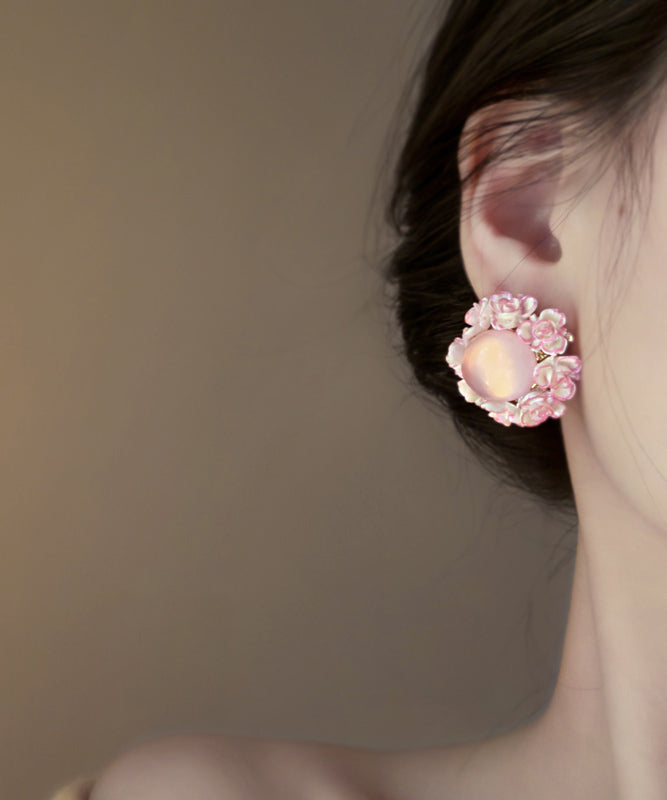 Pink Alloy Inlaid Cat Eye Stone Stud Earrings