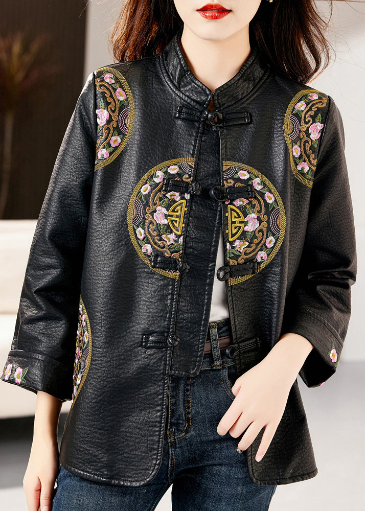 Loose Black Stand Collar Embroideried Chinese Button Faux Leather Jacket Fall