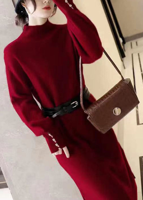 Black Stand Collar Tie Waist Patchwork Knit Sweater Dress Fall