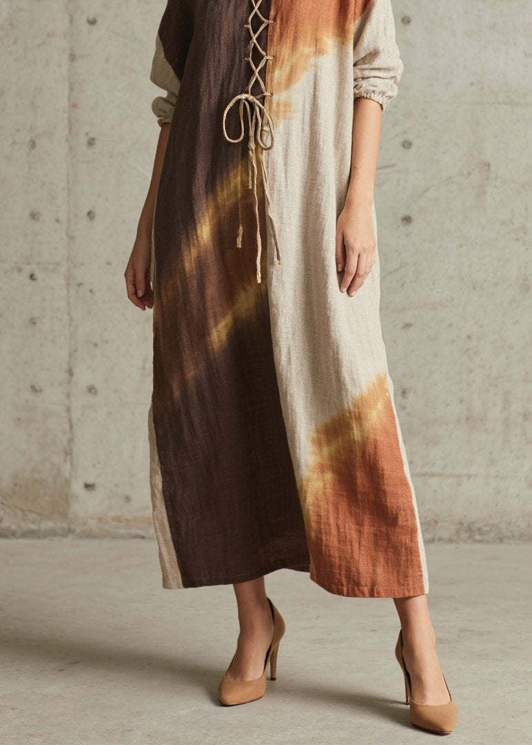 Colorblock O Neck Lace Up Cotton Long Dress Fall